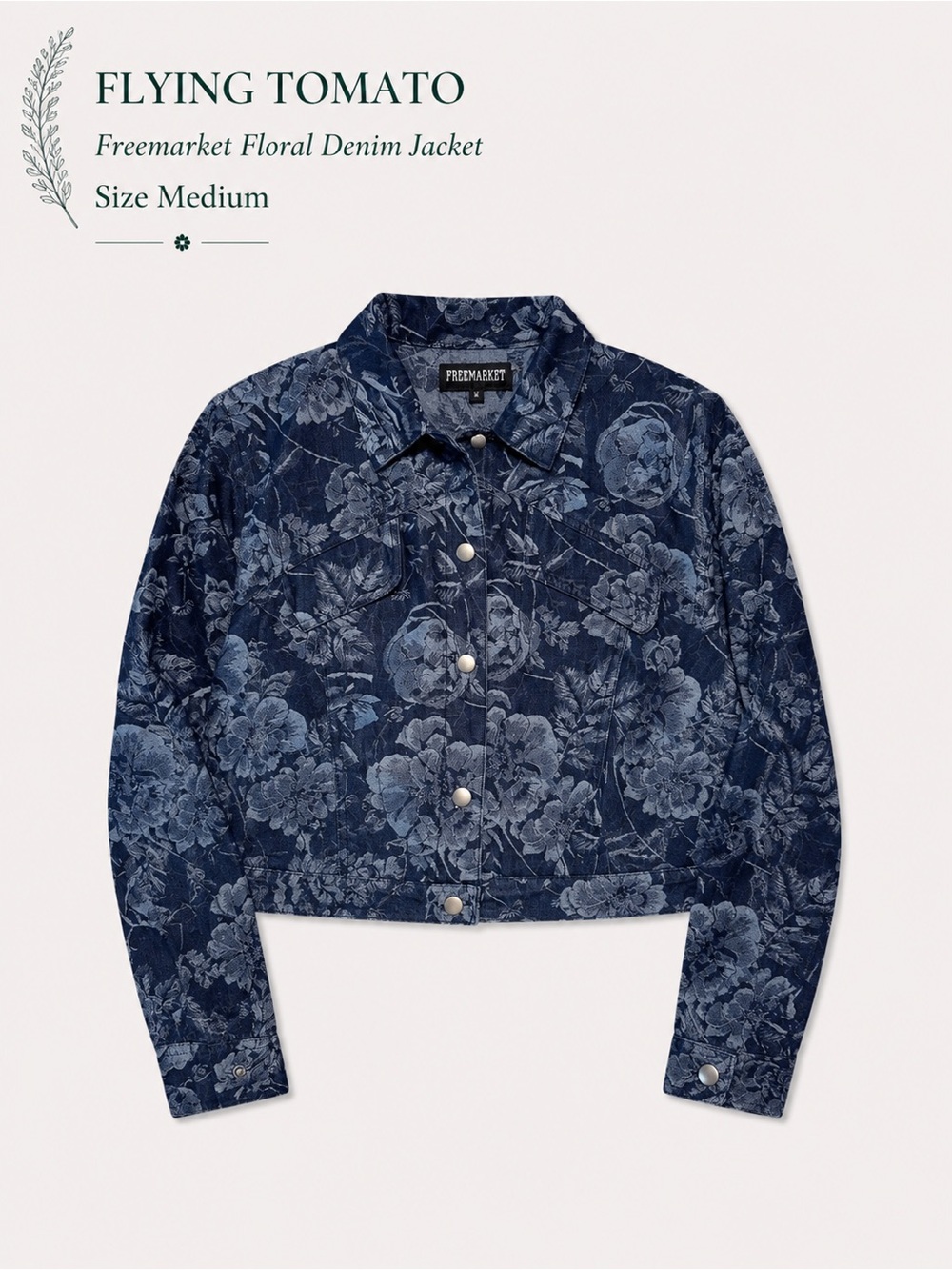Flying Tomato Navy Floral Cropped Denim Jacket